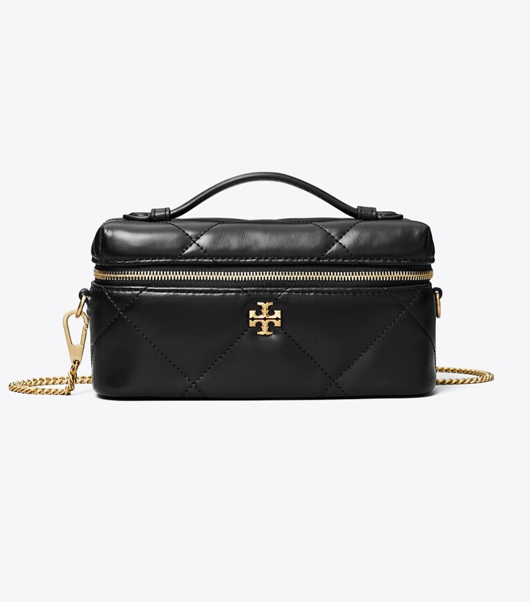 Tory Burch diseñador bolsos bandolera Neceser de denim acolchado con forma de rombos Kira East-West en Black frente