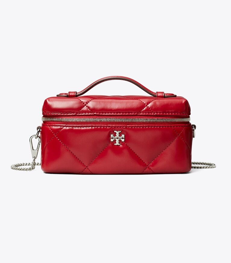 Tory Burch diseñador bolsos bandolera Neceser de denim acolchado con forma de rombos Kira East-West en Red frente