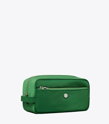 Tory Burch diseñador bolsas para cosméticos Neceser grande Twist en Basil ángulo