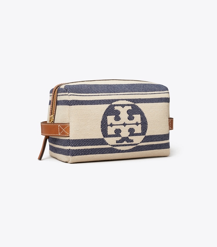 Tory Burch designer estuches para cosméticos Neceser para cosméticos a rayas de jacquard Ella in Royal Navy angle