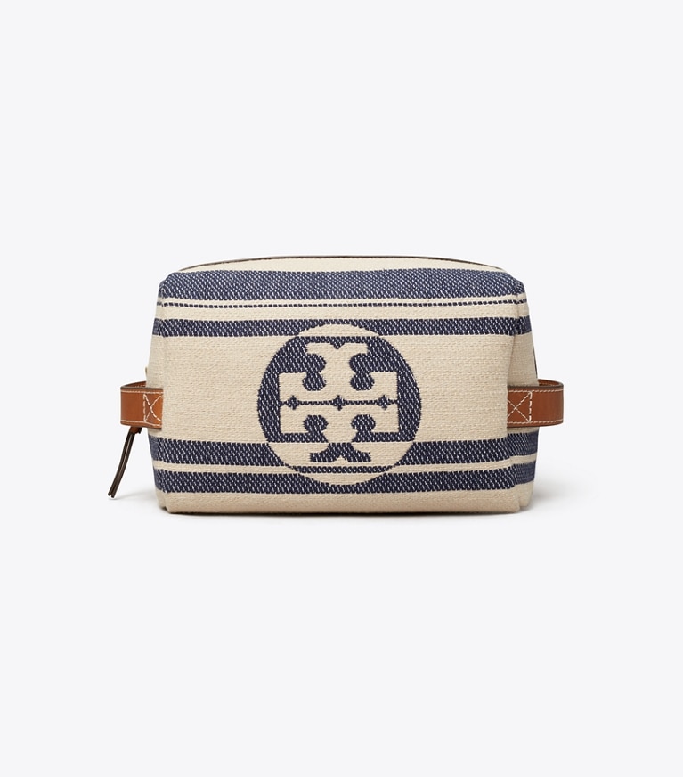 Tory Burch designer estuches para cosméticos Neceser para cosméticos a rayas de jacquard Ella in Royal Navy front
