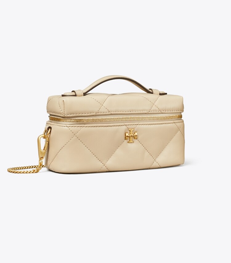 Tory Burch diseñador bolsos bandolera Neceser rectangular con acolchado de rombos Kira en Light Stone ángulo
