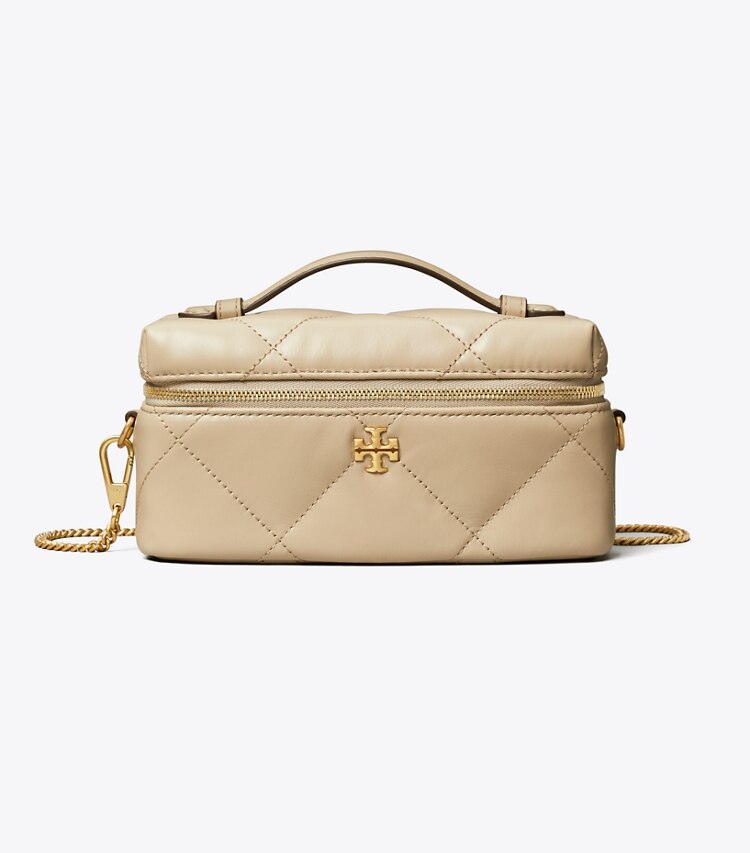 Tory Burch diseñador bolsos bandolera Neceser rectangular con acolchado de rombos Kira en Light Stone frontal