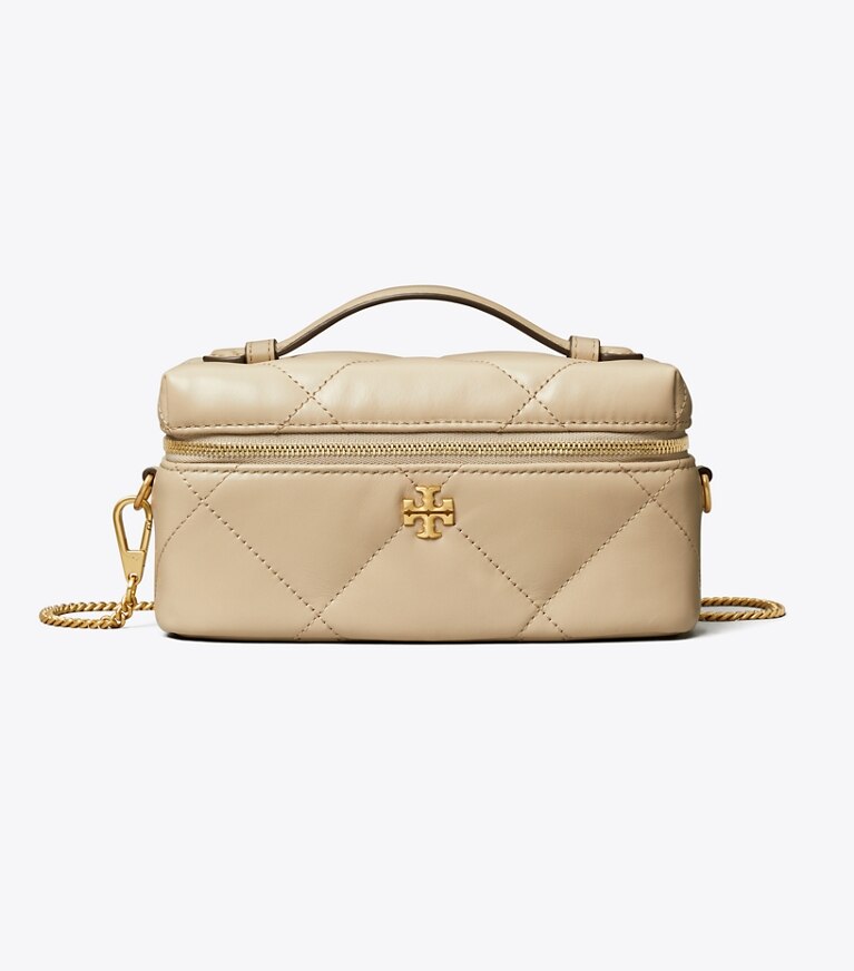 Tory Burch diseñador bolsos bandolera Neceser rectangular con acolchado de rombos Kira en Light Stone frontal
