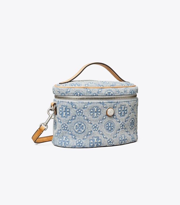 Tory Burch diseñador bolsos bandolera Neceser suave de denim con monograma de T en Powder Blue ángulo