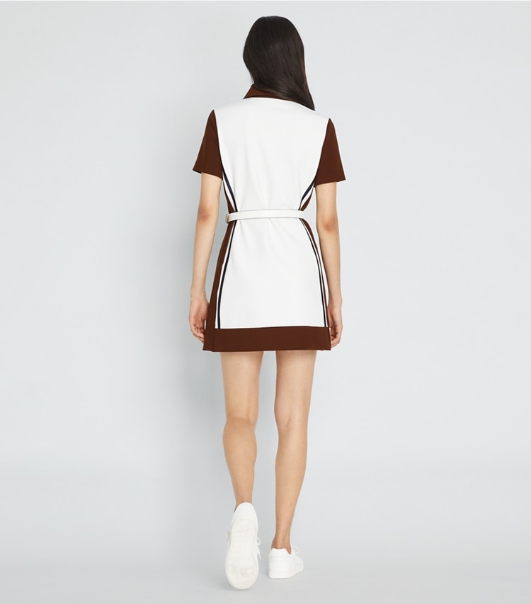 Tory Sport designer dresses Neoprene Golf Dress in Snow White / Mocha Chip on model back