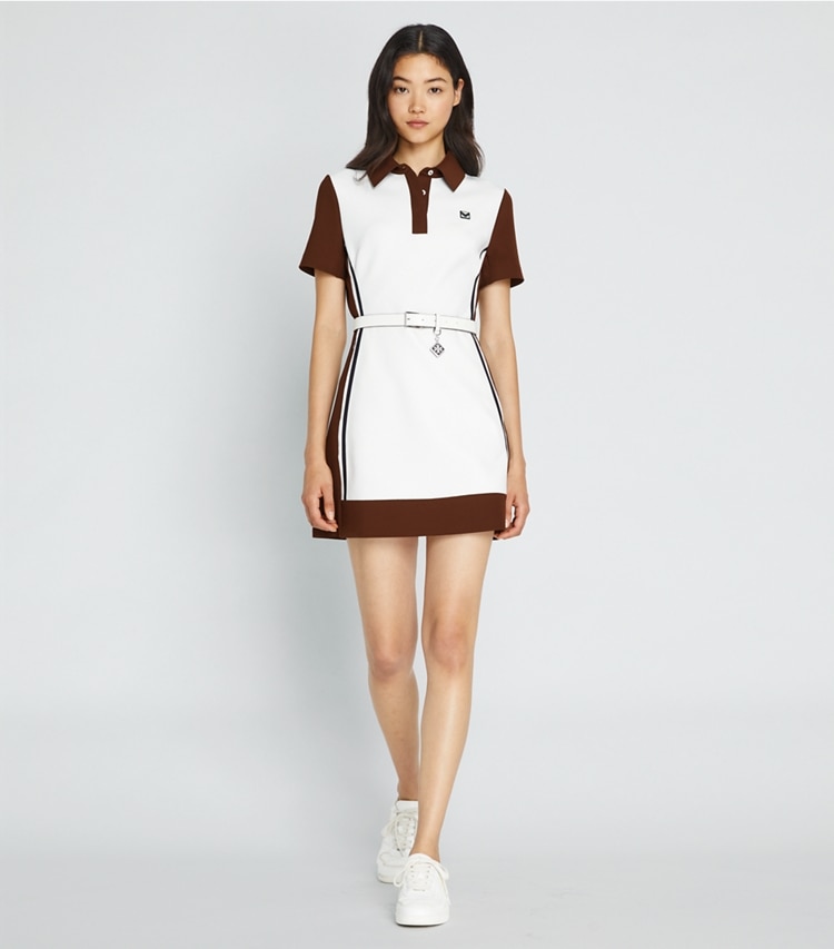 Tory Sport designer dresses Neoprene Golf Dress in Snow White / Mocha Chip on model front