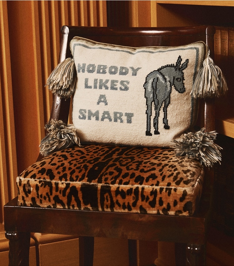 Tory Burch designer décor Nobody Likes Pillow in Vintage Blue / Ivory editorial