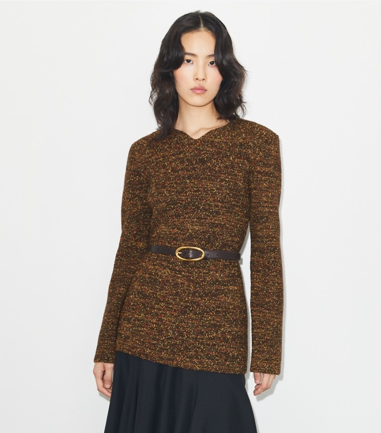 Tory Burch designer sweaters Nylon and Viscose Marled Sweater in Dark Brown front