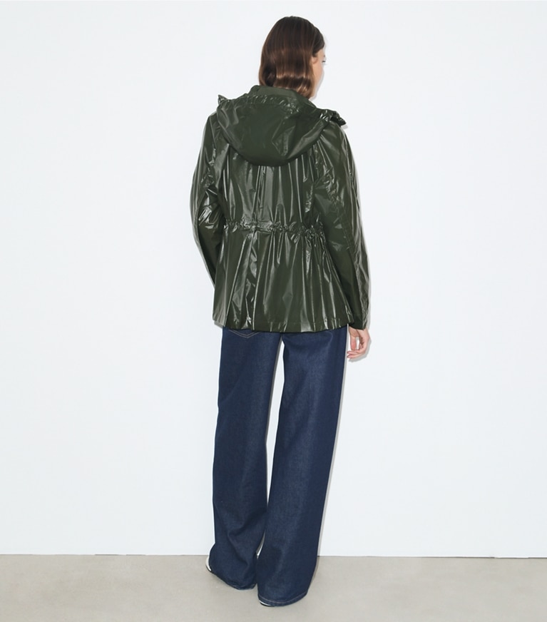 Tory Burch designer jackets Nylon Cinched Jacket in Olive Green on model back
