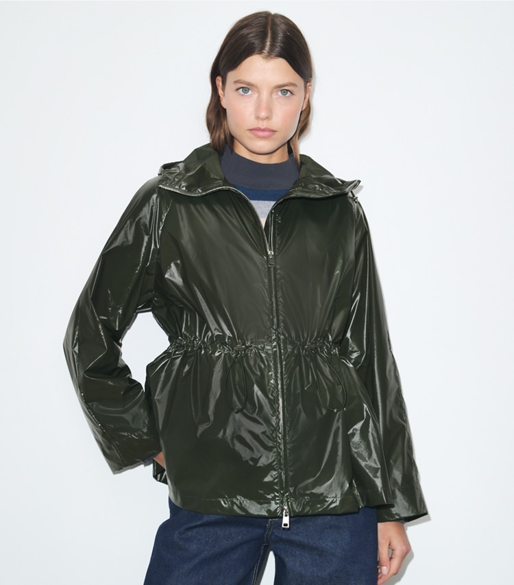 Tory Burch designer jackets Nylon Cinched Jacket in Olive Green on model detail