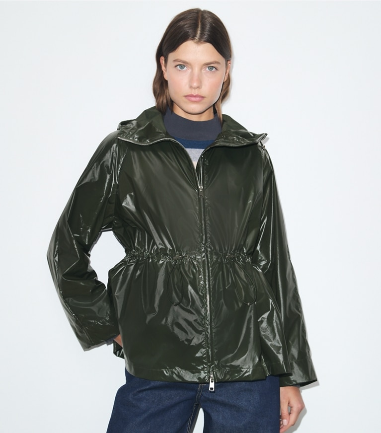 Tory Burch designer jackets Nylon Cinched Jacket in Olive Green on model detail