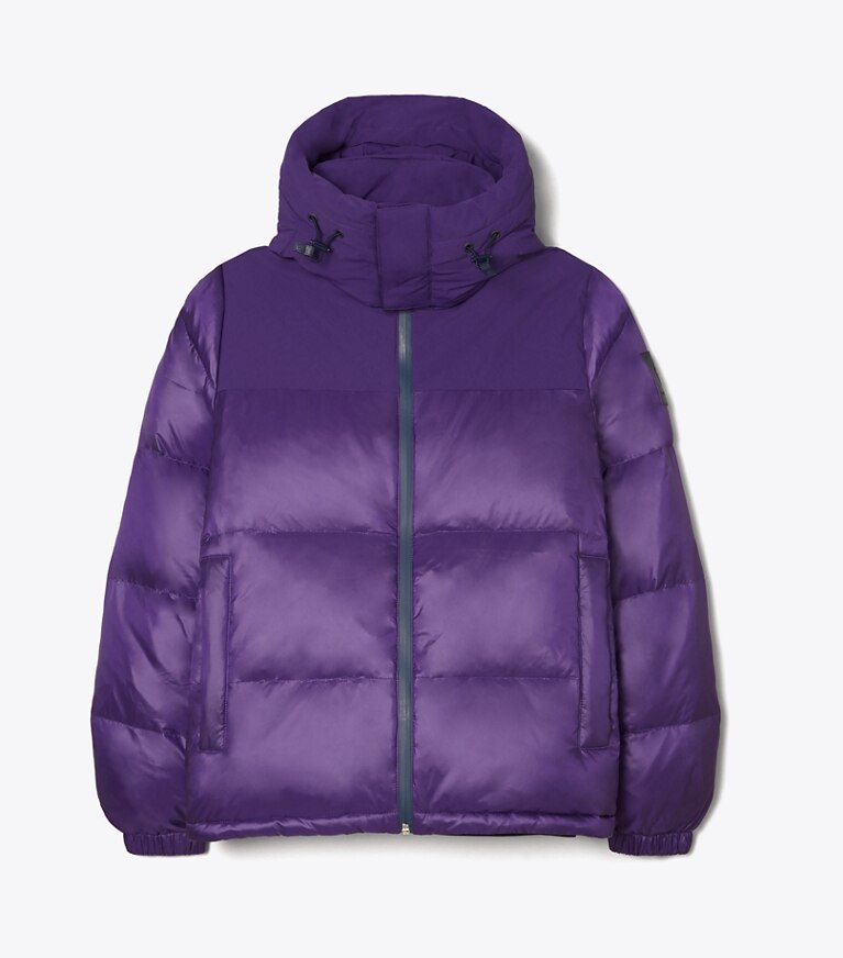 Tory Sport designer coats Nylon Contrast Hooded Down Puffer in Eggplant front