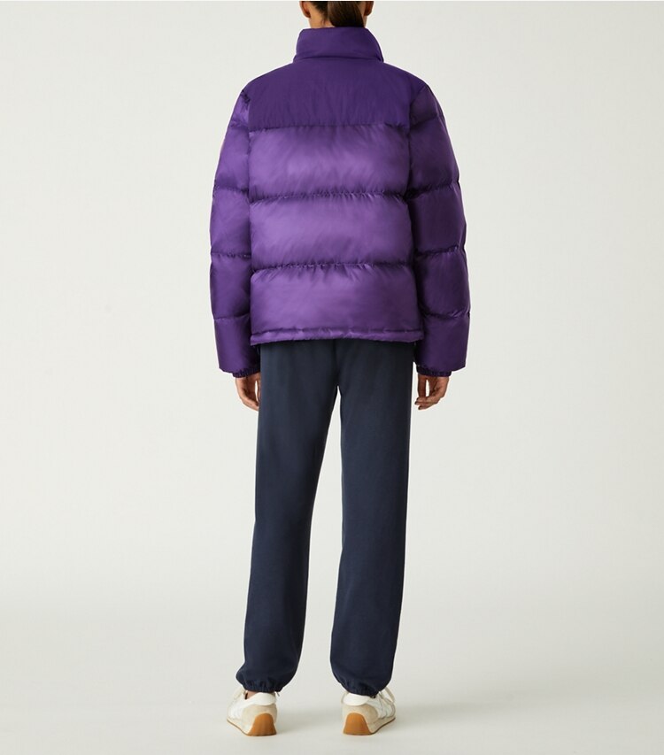 Tory Sport designer coats Nylon Contrast Hooded Down Puffer in Eggplant on model back