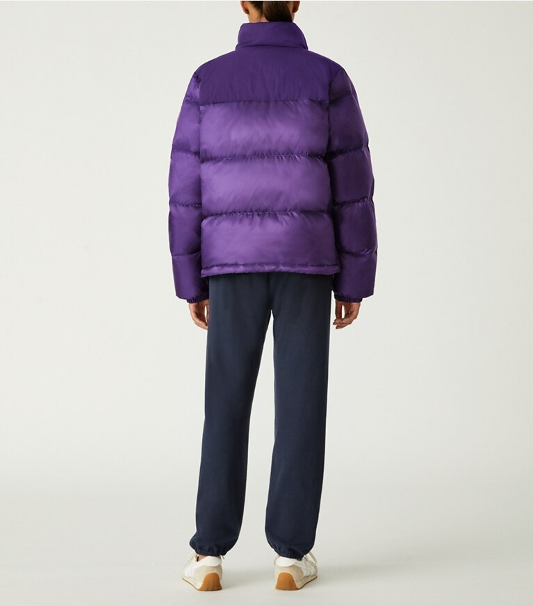 Tory Sport designer coats Nylon Contrast Hooded Down Puffer in Eggplant front