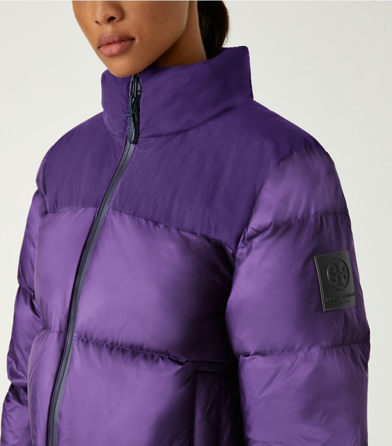 Tory Sport designer coats Nylon Contrast Hooded Down Puffer in Eggplant front
