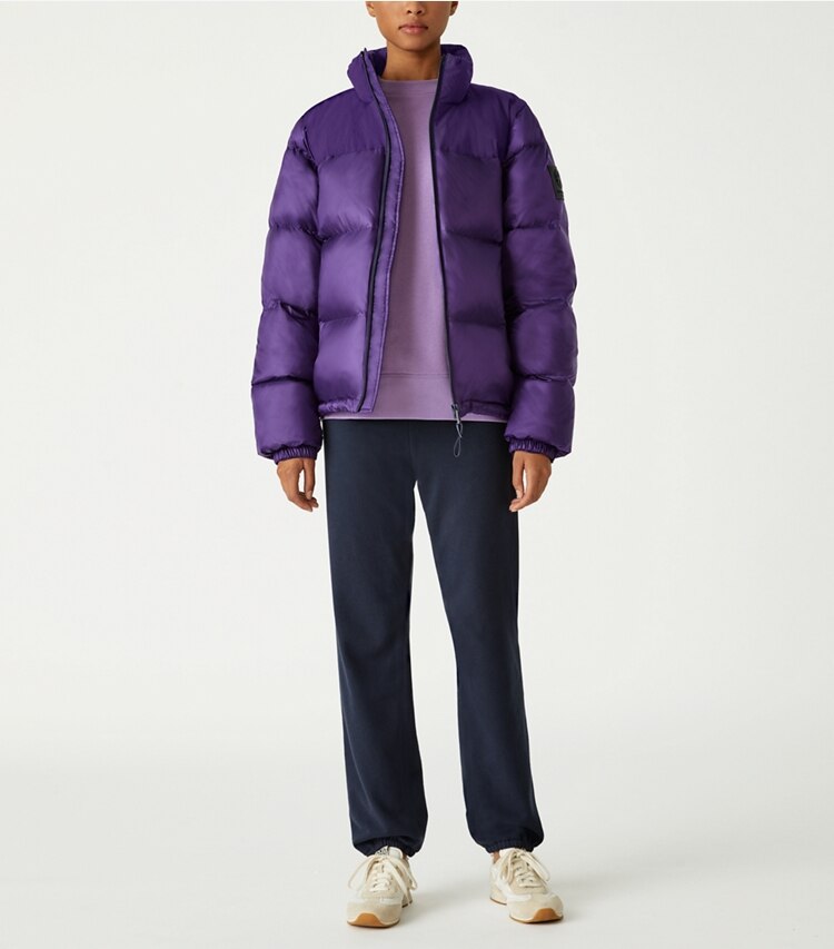 Tory Sport designer coats Nylon Contrast Hooded Down Puffer in Eggplant on model front
