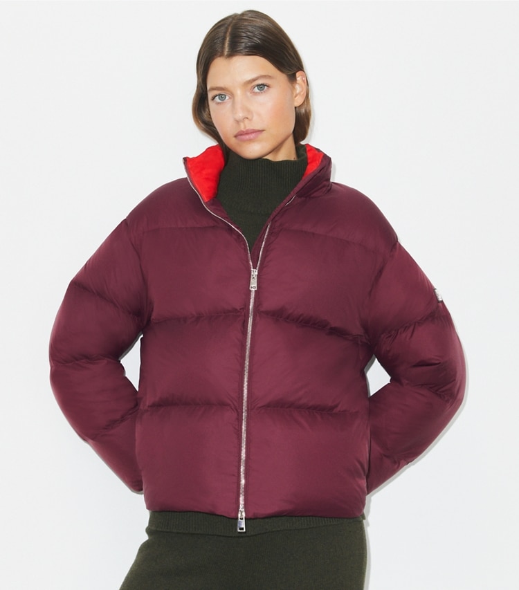 Tory Burch designer coats Nylon Down Jacket in Winetasting on model detail