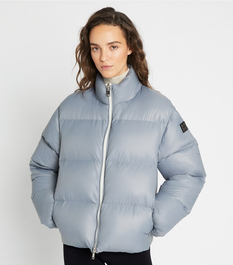 Tory Sport designer coats Nylon Down Jacket in Muted Slate on model detail