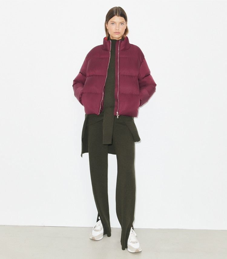 Tory Burch designer coats Nylon Down Jacket in Winetasting on model front
