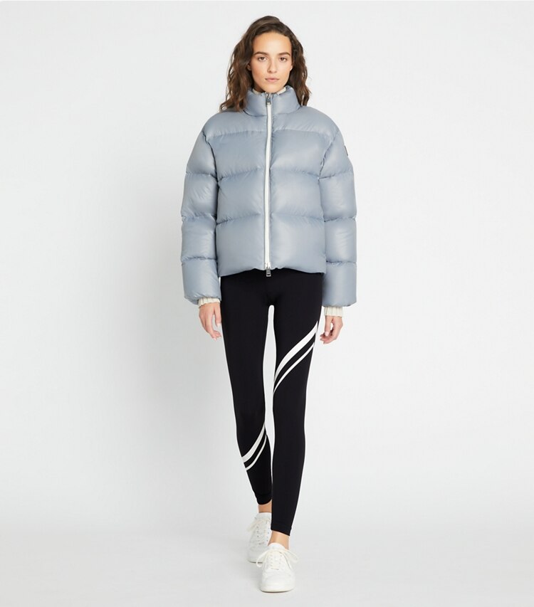 Tory Sport designer coats Nylon Down Jacket in Muted Slate on model front