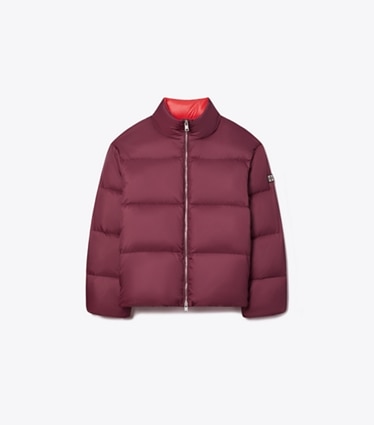 Tory Burch designer coats Nylon Down Puffer Jacket in Winetasting front