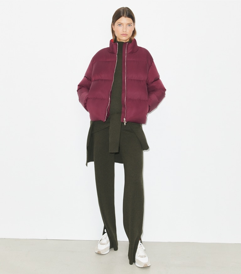 Tory Burch designer coats Nylon Down Puffer Jacket in Winetasting front