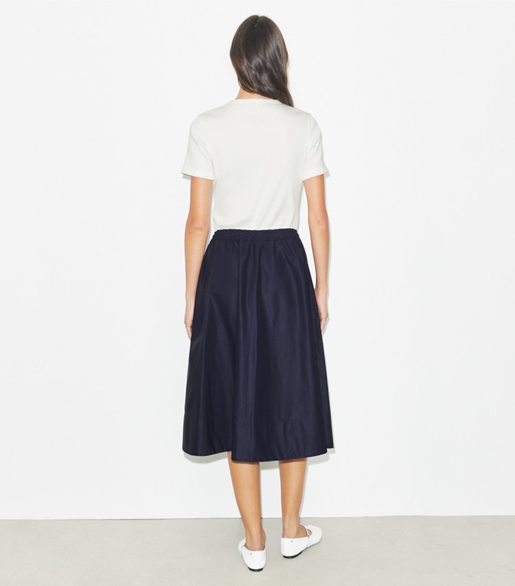 Tory Burch designer bottoms Nylon Drawstring Midi Skirt in Medium Navy on model back