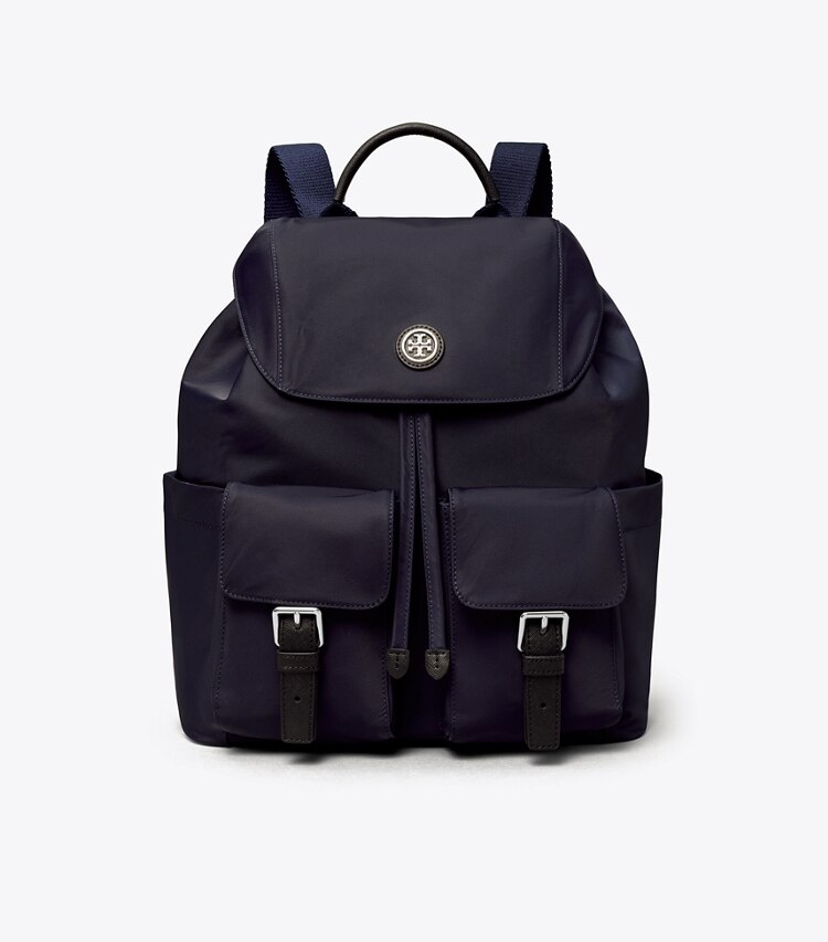 Tory Burch designer backpacks Nylon Flap Backpack in Royal Navy front
