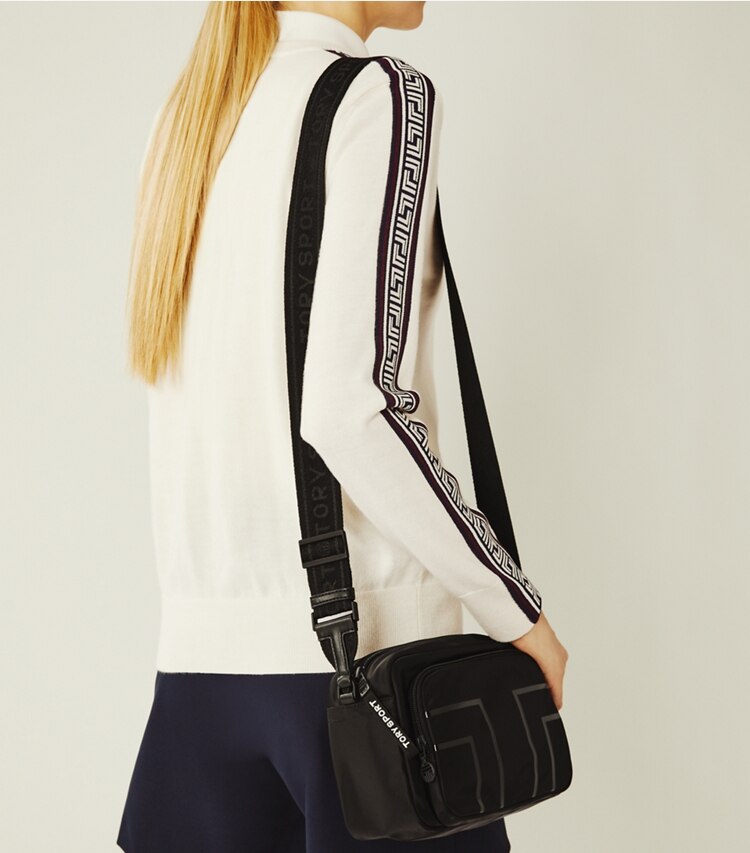 Tory Sport designer crossbody bags Nylon Graphic-T Cargo Cross-Body in Sport Black accessory on model