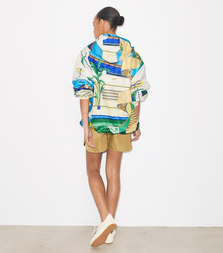 Tory Burch designer jackets Nylon Half-Zip Anorak in Green Pool on model back