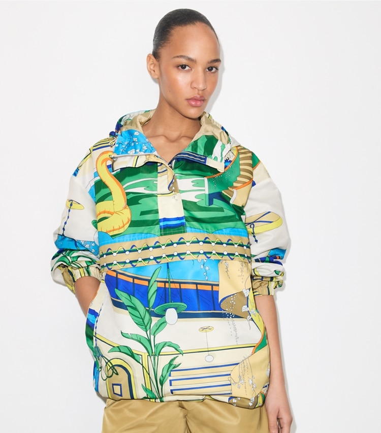 Tory Burch designer jackets Nylon Half-Zip Anorak in Green Pool on model detail