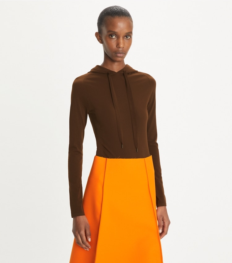 Tory Burch designer sweaters Nylon Hoodie in Cozy Brown on model detail