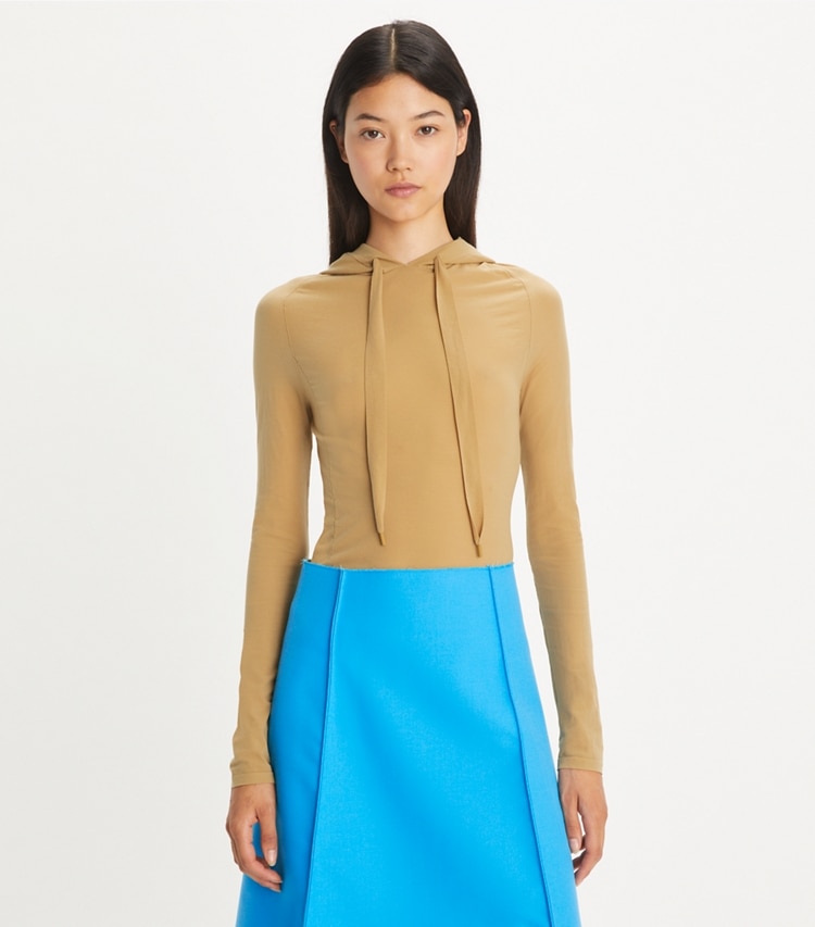 Tory Burch designer sweaters Nylon Hoodie in Soft Barley on model detail