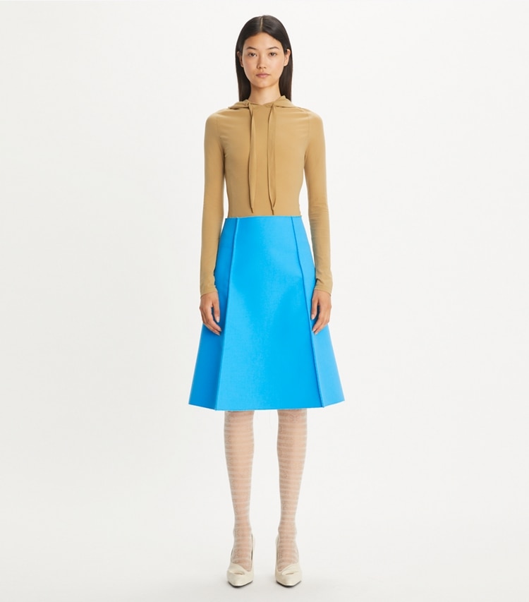 Tory Burch designer sweaters Nylon Hoodie in Soft Barley on model front