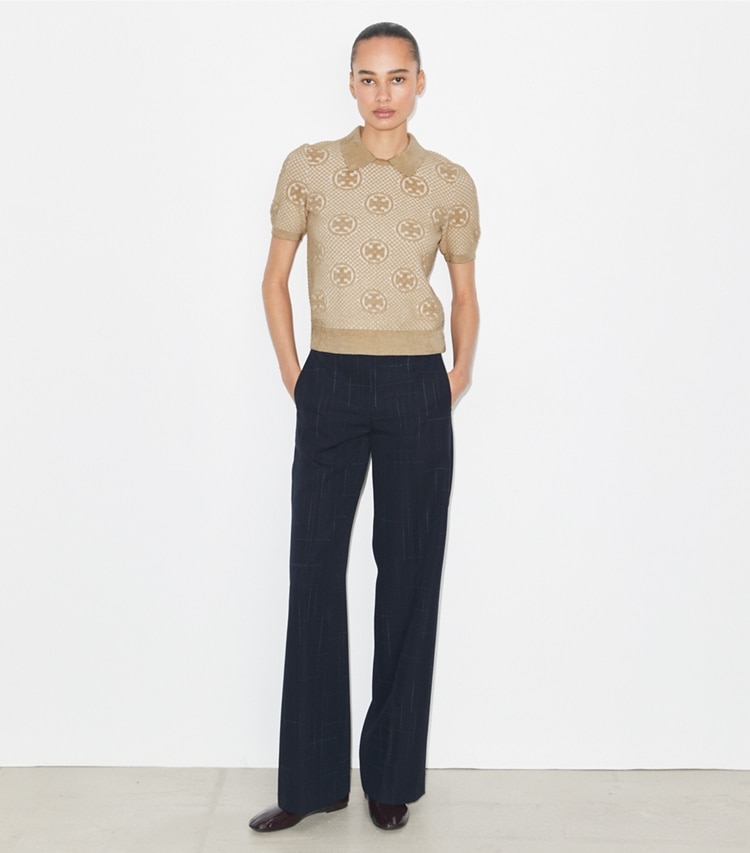 Tory Burch designer セーター ナイロン ジャガード ポロシャツ in Clay モデル前面
