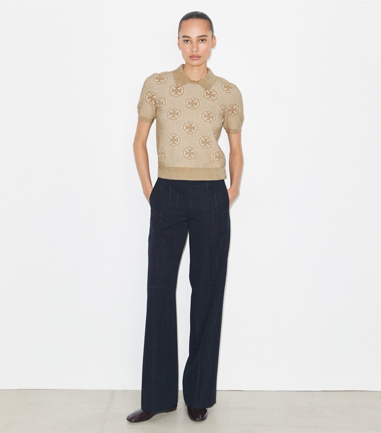 Tory Burch designer セーター ナイロン ジャガード ポロシャツ in Clay モデル前面