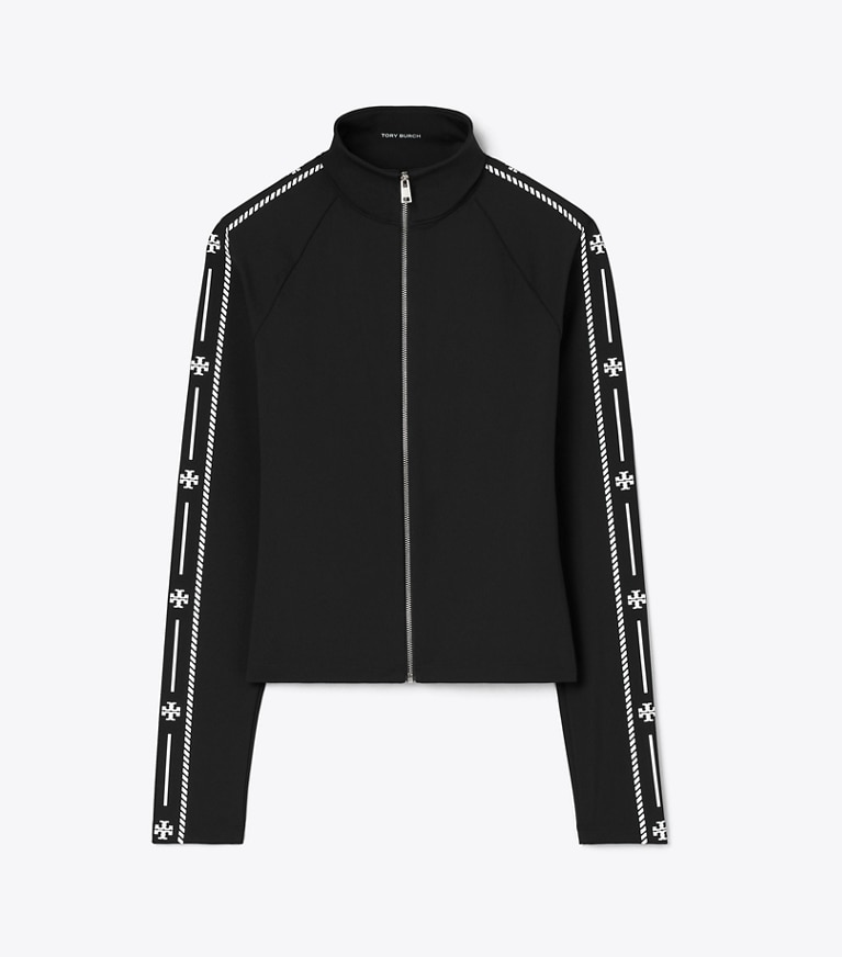 Tory Burch designer jackets Nylon Logo Trim Zip Top in BLACK front