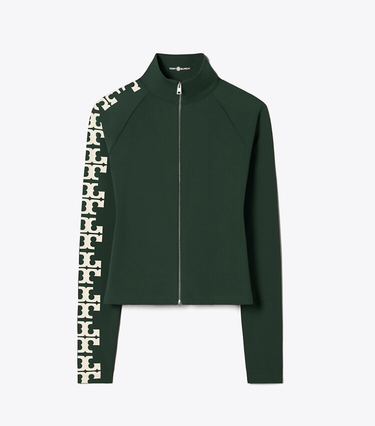 Tory Burch designer tops Nylon Logo Zip Top in Conifer front
