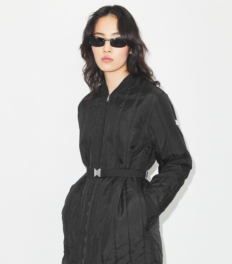 Tory Burch designer coats Nylon Padded Quilt Coat in Black on model detail