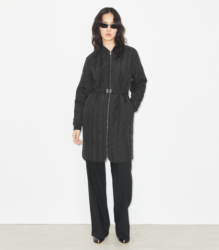 Tory Burch designer coats Nylon Padded Quilt Coat in Black on model front