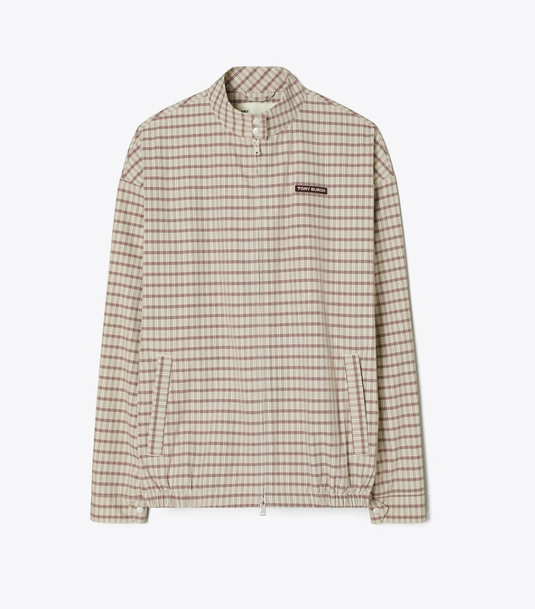 Tory Burch designer jackets Nylon Plaid Golf Jacket in Crimson Rust Dense Plaid Sport front