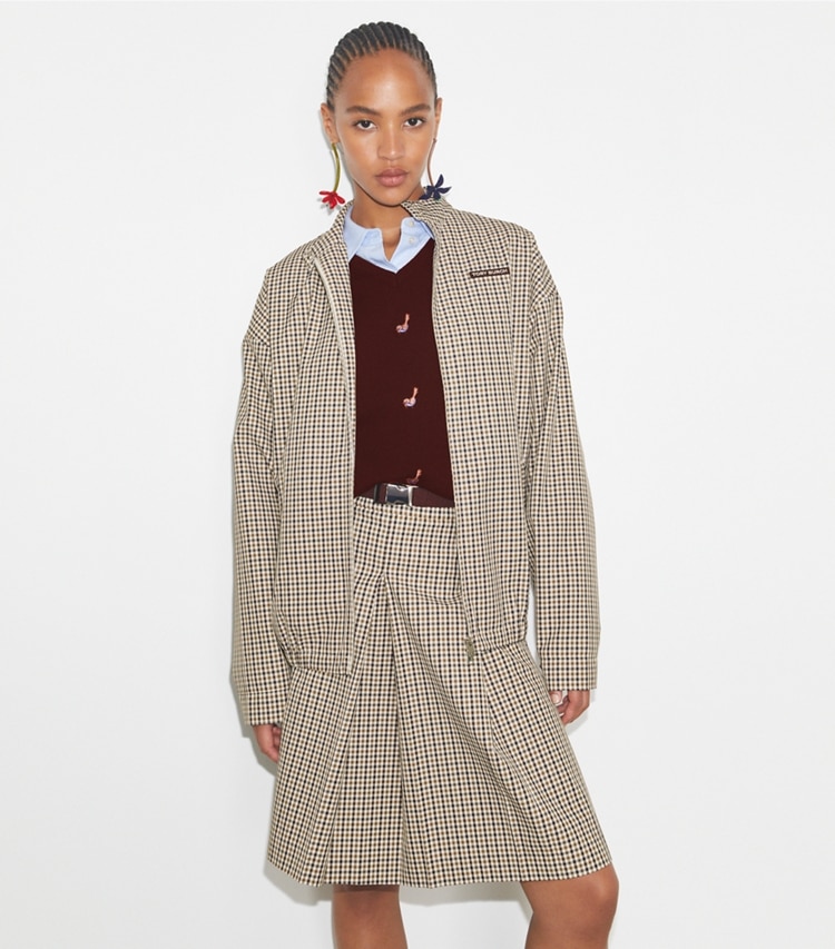 Tory Burch designer jackets Nylon Plaid Golf Jacket in Multi Ivy Plaid on model detail