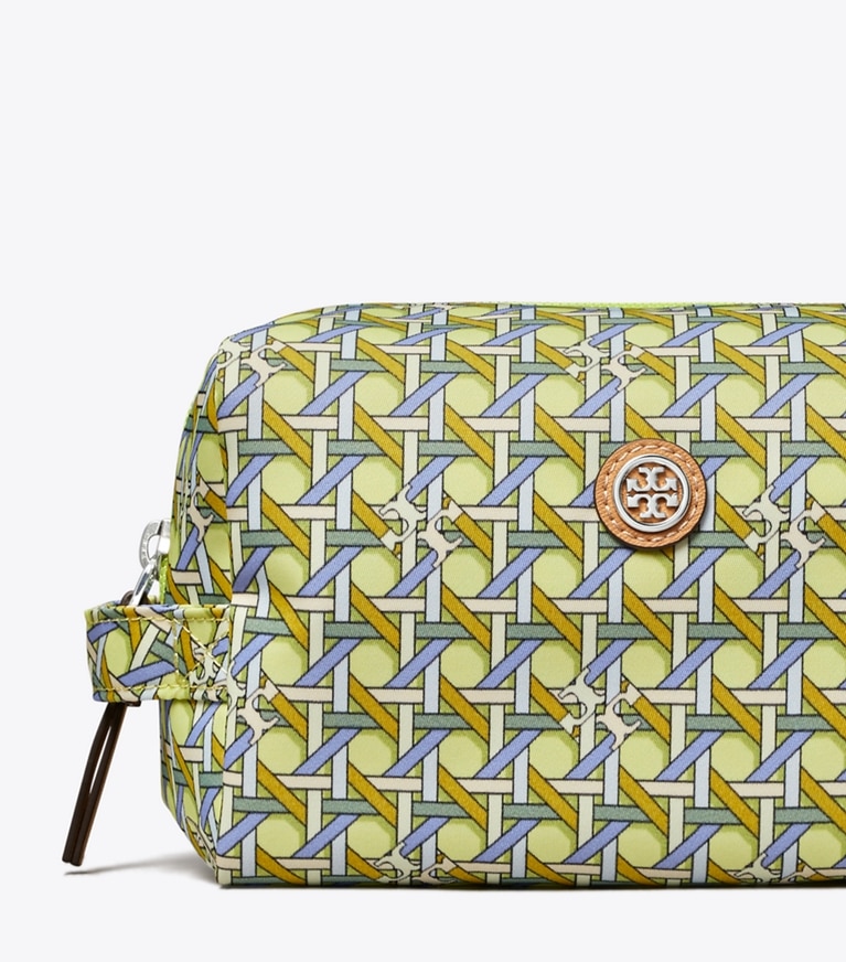 Tory Burch designer cosmetic bags Nylon Printed Large Cosmetic Case in ACID LEMON BASKETWEAVE angle