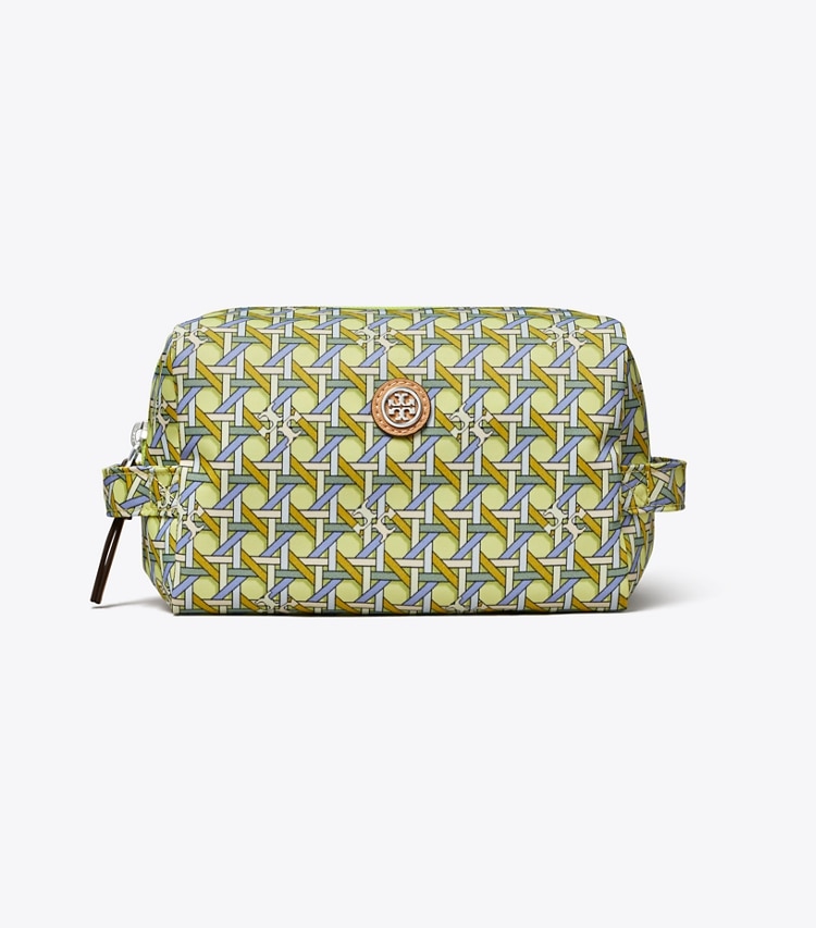 Tory Burch designer cosmetic bags Nylon Printed Large Cosmetic Case in ACID LEMON BASKETWEAVE front