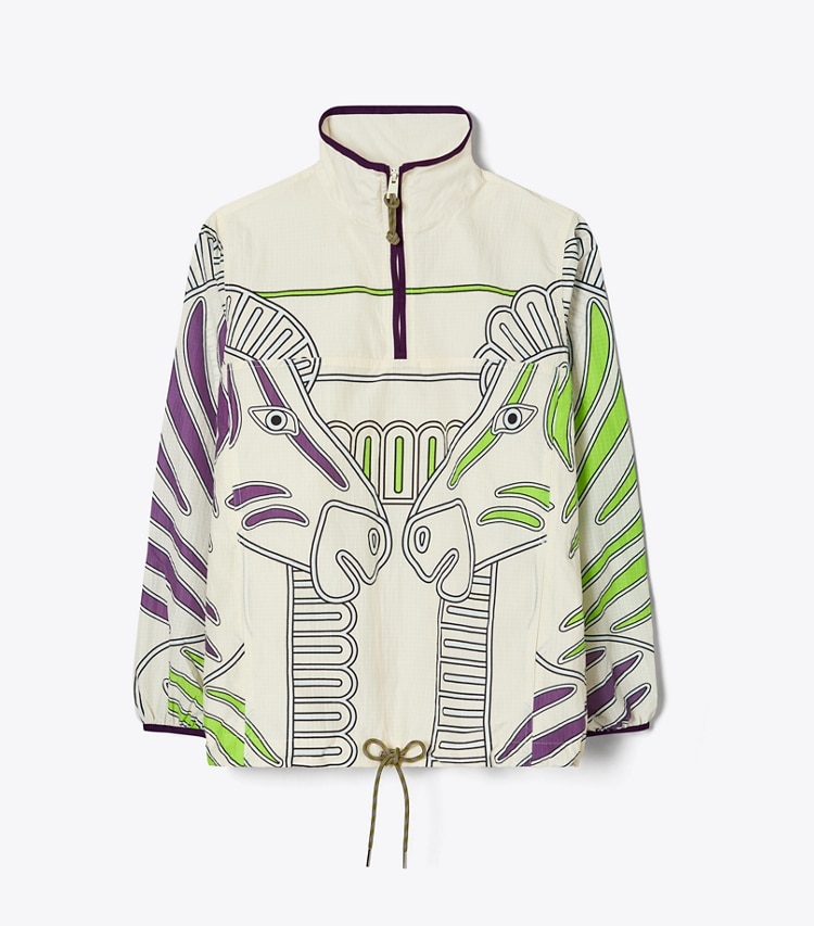 Tory Sport designer ジャケット プリント ナイロンリップストップ ハーフジップジャケット in Ivory Zebra Scarf front