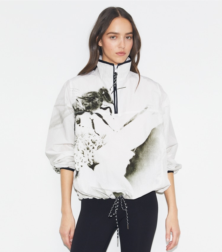 Tory Sport designer jackets Nylon Ripstop Jacket in Gray Bee on model detail