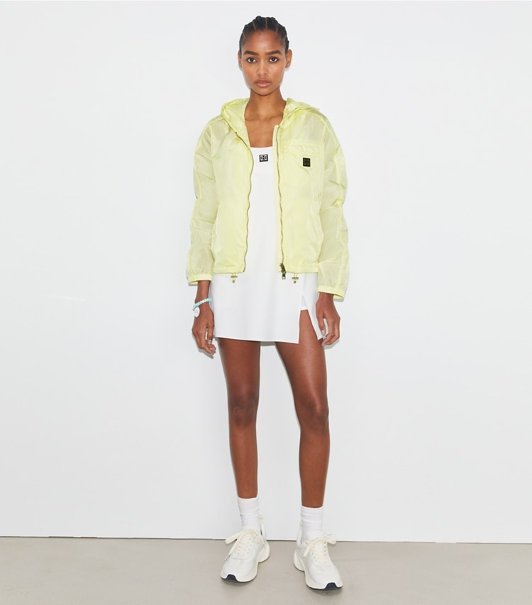 Tory Sport designer jackets Nylon Zip Jacket in Lumen on model front