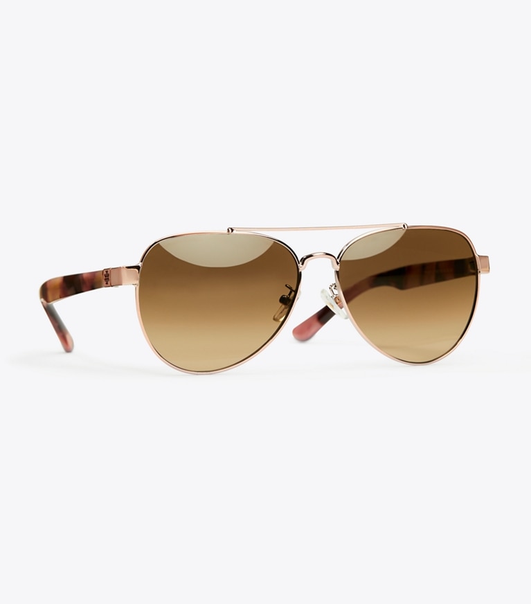 Tory Burch designer occhiali da vista & da sole Occhiali da sole aviator con logo T in Rose Pearl Tortoise/Rose Gold front
