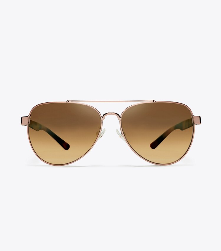 Tory Burch designer occhiali da vista & da sole Occhiali da sole aviator con logo T in Rose Pearl Tortoise/Rose Gold front